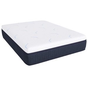The Southerland's Palisades Mattress features a memory foam surface with a white top, subtle blue patterns, and a dark blue fabric border. It exudes a fresh, contemporary aesthetic that looks both new and impeccably clean.