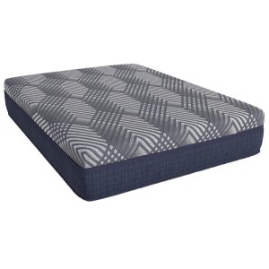 Explore Southerland's Summerlin Mattress, showcasing a geometric gray and black pattern with solid dark blue sides that enhance its modern appeal. It's the perfect blend of style and comfort for your bedroom.