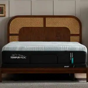 A stylish bedroom featuring a dark wood bed frame with a cane headboard and a gray-striped Tempur-Pedic TEMPUR-ProAdapt® 12" Medium Mattress. Matching wooden nightstands are on either side of the bed.