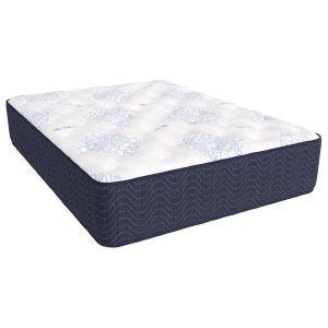 The Southgate Plush 2-Sided mattress features a white top with light blue floral patterns and dark blue sides with a wavy design. It feels firm and supportive, ideal for a bedroom setting where you can rotate and flip it for lasting comfort.