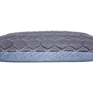 Quilted gray decorative throw pillow on white background.