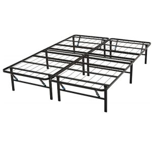 Metal platform bed frame, queen size, isolated on white.