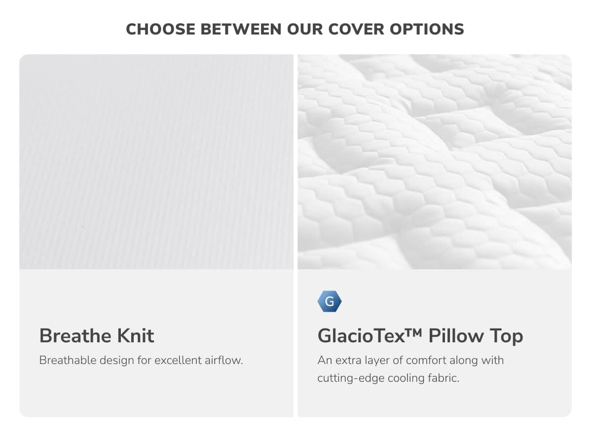 Comparison of two HELIX Plus Mattress cover options. Left: "Breathe Knit" offers a smooth, breathable texture for airflow. Right: "GlacioTex™ Pillow Top Plus" features a quilted pattern with added comfort and cooling fabric.