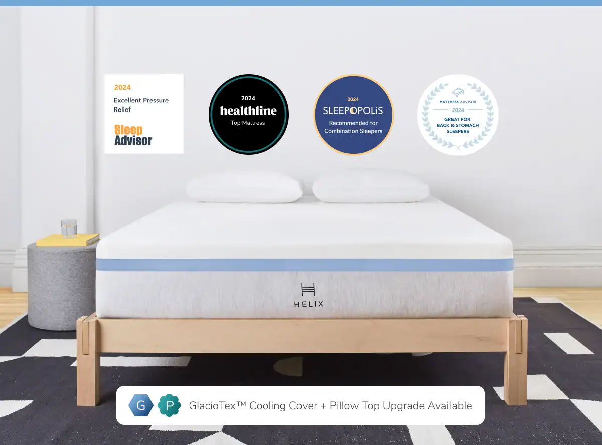 A neatly presented Helix Moonlight mattress showcased in a clean, minimalistic bedroom setting, featuring accolades from various reviewers such as sleep advisor, healthline, and sleepopolis, highlighting awards
