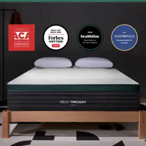 A Copy twilight mattress prominently displayed in a modern room setting, showcasing its various accolades and recommendations from the American Chiropractic Association, Forbes, Healthline, and.