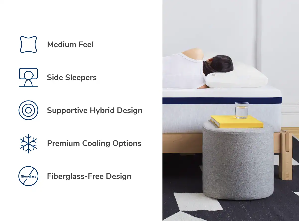 A comfortable and restful sleep experience highlighted by the HELIX MIDNIGHT, a mattress with a medium feel ideal for side sleepers, featuring a supportive hybrid design with premium cooling options, and a fiberglass-free.