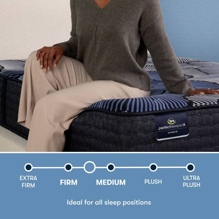 A person sits on the edge of a Serta Perfect Sleeper X Mattress: Prescott Medium Firm. The mattress offers different firmness levels, including Extra Firm, Firm, Medium, Plush, and Ultra Plush. The caption reads "Ideal for all sleep positions.