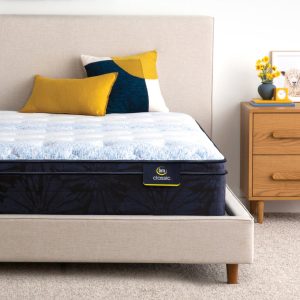 A neatly made bed with a beige upholstered headboard features a Serta Classic Mattress: Dorian Plush Euro Top proudly displaying its "classic" label. Two pillows, one in mustard yellow and the other with a blue and mustard geometric design, add vibrant accents. A wooden nightstand beside the bed holds a small bouquet of yellow flowers.