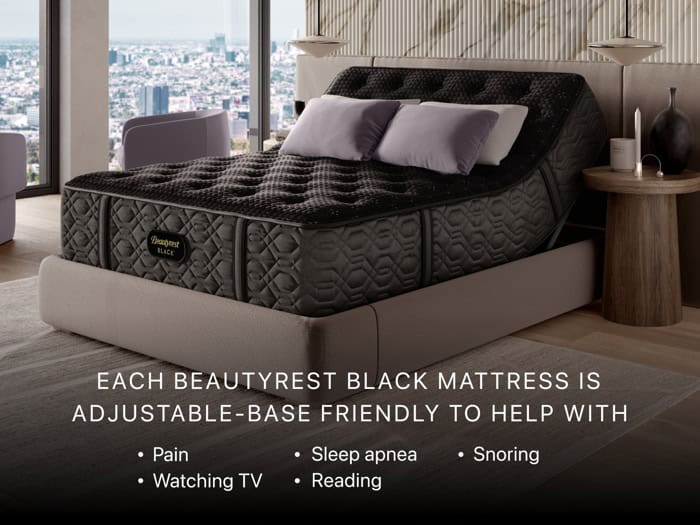A modern bedroom showcases an adjustable bed paired with the Beautyrest Black® Series Two 16.25" Plush Pillow Top Mattress in black. The base is shown inclined, while text overlay emphasizes the mattress's benefits for pain relief, watching TV, sleep apnea, reading, and snoring.