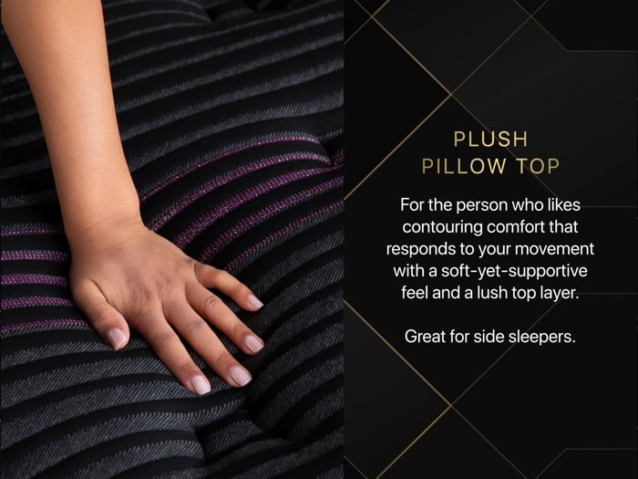 A hand gently presses into a plush, black striped mattress with purple accents. Text on the image reads: "BEAUTYREST BLACK® SERIES TWO 16.25" PLUSH PILLOW TOP MATTRESS. For contouring comfort that responds to your movement with a soft-yet-supportive feel and a lush top layer. Great for side sleepers." Experience the luxury of Beautyrest Black®.