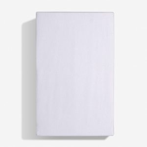 A vertically oriented blank white canvas with a minimalist design, set against a plain background, reminiscent of the simplicity found in an iProtect Mattress Protector. The edges of the canvas cast faint shadows on the backdrop.
