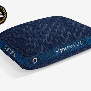 A dark blue, rectangular Convolution Pillow (Copy) with a zigzag pattern on its surface. It has the text "nightice 2.0" printed on one side and a circular badge on the top left corner reading "AWARD WINNING PRODUCT." The pillow features small circular holes along its edges.