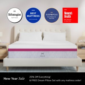 A contemporary bedroom features a well-organized bed with the Helix Dusk Mattress. Three awards above highlight its excellence. Get 25% off and a free Dream Pillow Set with any mattress order.