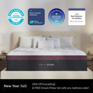 A modern bedroom displays a tidy bed with a white duvet and pillows, crowned by four accolades for the Helix Dusk Luxe Mattress. Take advantage of the New Year sale for 25% off and receive a free Dream Pillow Set with your purchase.