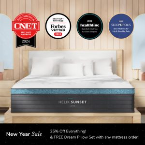 Displayed in a stylish bedroom with wooden walls and mirrors, the Helix Sunset Luxe Mattress is adorned by three award badges. Underneath, a New Year sale offers 25% off along with a free Dream Pillow Set with any mattress purchase.