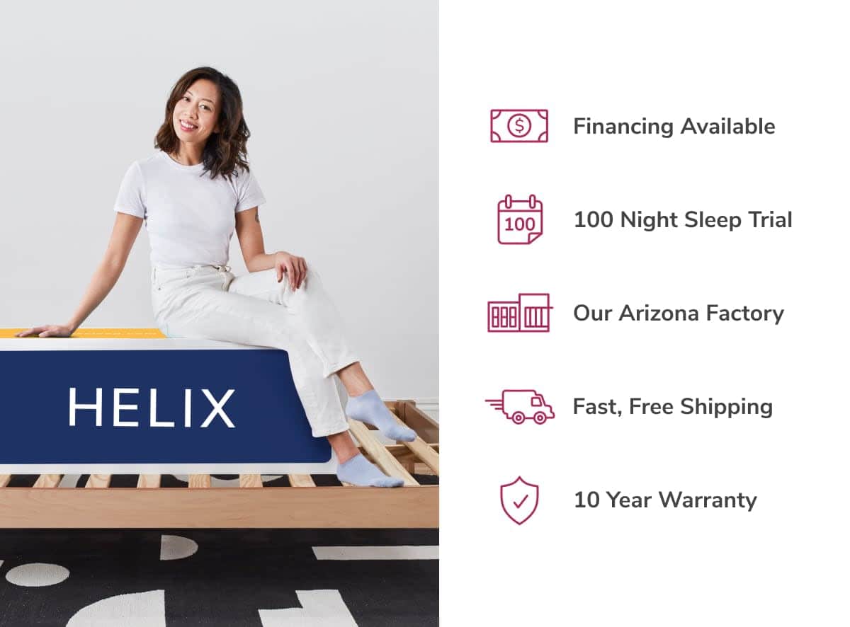 A person in a white outfit sits on a Helix Dusk Luxe Mattress (Copy), with text highlighting features: financing options, 100-night sleep trial, made in Arizona, fast free shipping, and 10-year warranty.