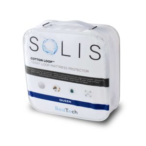 Packaging for a Cotton Loop™ Mattress Protector, queen size by BedTech Solis. The box is white with blue accents, showcasing features such as waterproof and allergen protection.