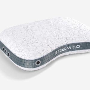 The TEMPUR-Breeze® ProHi Pillow, known as "Storm 1.0," combines white memory foam with geometric designs and a gray border. Its TEMPUR-Breeze ventilation holes enhance cooling and breathability.