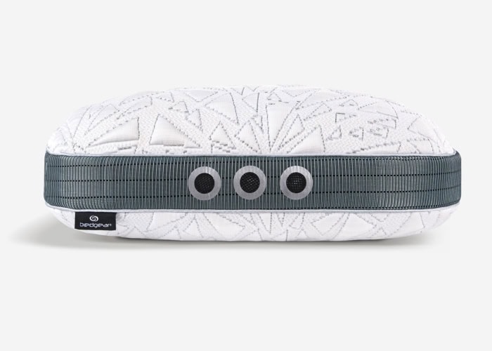A white TEMPUR-Breeze® ProHi Pillow features memory foam, a geometric pattern, and a dark gray side band with three circular vent holes. The label reads "Bedgear," reminiscent of TEMPUR-Pedic comfort.