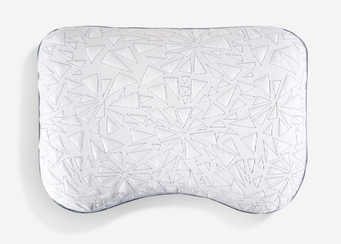The TEMPUR-Breeze® ProHi Pillow features a geometric pattern and textured surface for visual appeal, paired with ergonomic contours for enhanced comfort, reminiscent of the cooling comfort found in TEMPUR-Breeze technology.