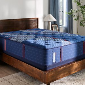 A modern bedroom features a wooden bed frame with a Sealy Posturepedic® Elite Hybrid Albany II 13" Medium Mattress, striped and quilted in blue, beside a nightstand, lamp, large blue-curtained window, and a leafy plant.