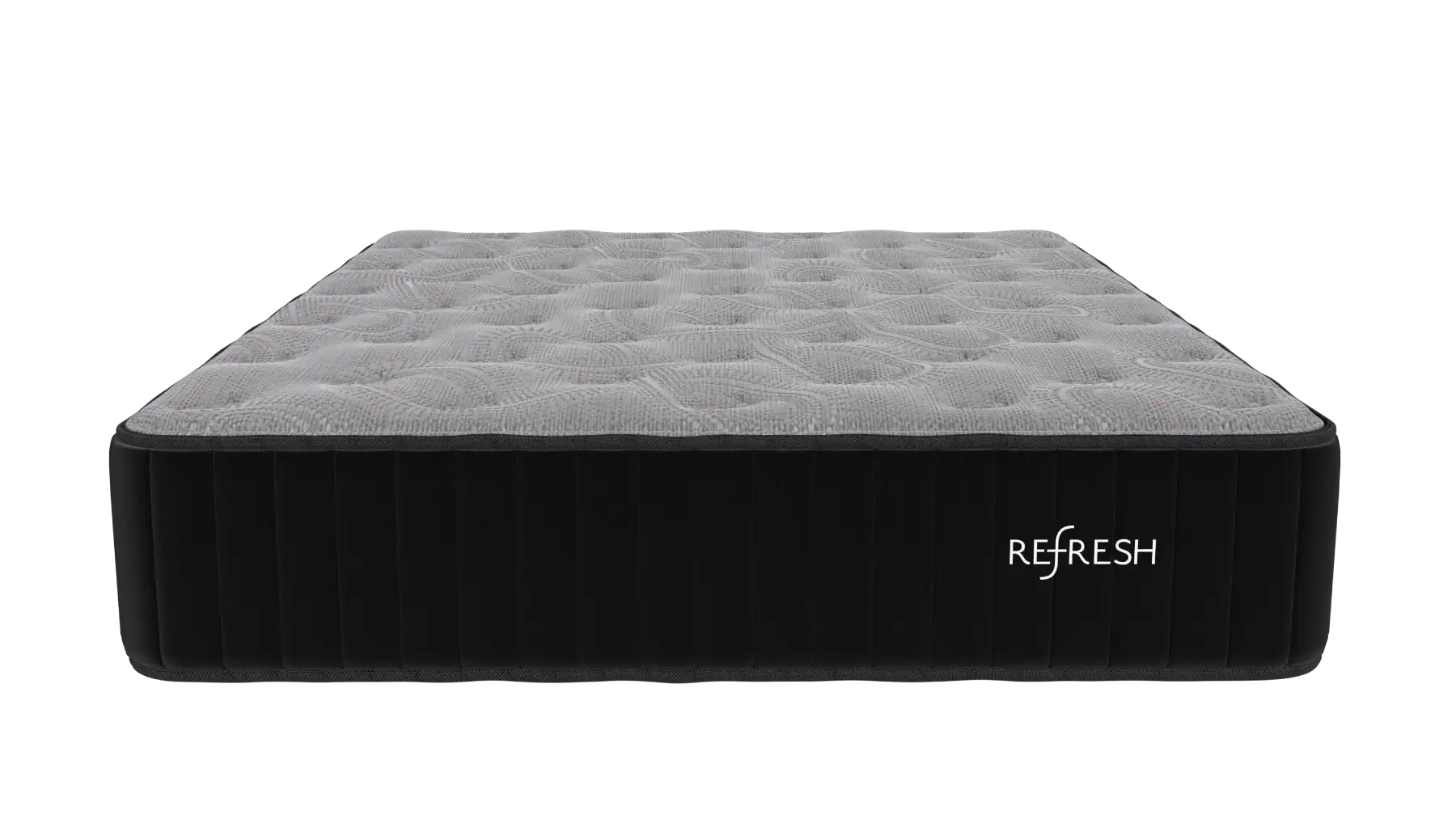 A gray and black mattress with a textured top surface, viewed from the front. The word "REFRESH" is printed on the side panel.