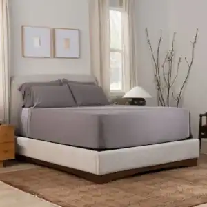 A neatly made bed with gray bedding and a Purple DreamLayer Pillow (Copy) rests on a brown patterned rug in a bright bedroom with light walls, two windows with beige curtains, framed art, and modern, simple decor.