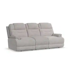The Zofa Umber Power Sleep Sofa (Copy) is a modern, light gray three-seater recliner with plush cushioned backrests and armrests, upholstered in soft fabric, shown against a plain white background.