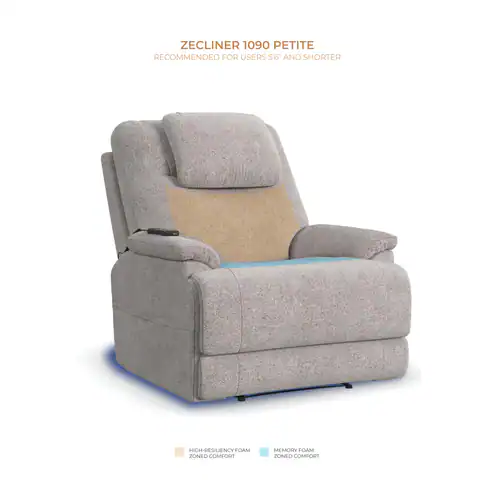 A gray Zecliner Model 2 Petite — Power Sleep Chair offers highlighted foam zones for comfort and cushioned back, seat, and armrests. Designed for users 5'6" and shorter, this petite recliner ensures optimal relaxation.