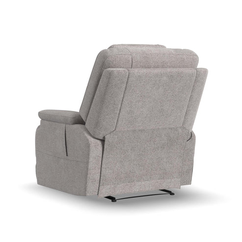 A Zecliner Model 2 Petite — Power Sleep Chair in light gray is shown from the back and side, highlighting plush cushions, wide armrests, and its visible power reclining mechanism at the base.
