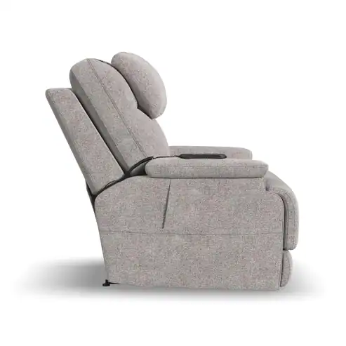 A side view of the Zecliner Model 2 Petite — Power Sleep Chair in light gray upholstery displays its cushioned seat, backrest, headrest, and armrests in a semi-reclined position against a white background.