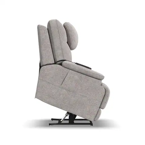 Side view of a light gray Zecliner Model 2 Petite Power Lift Recliner featuring headrest, armrest, and raised base, highlighting its lift mechanism designed to assist users in standing.