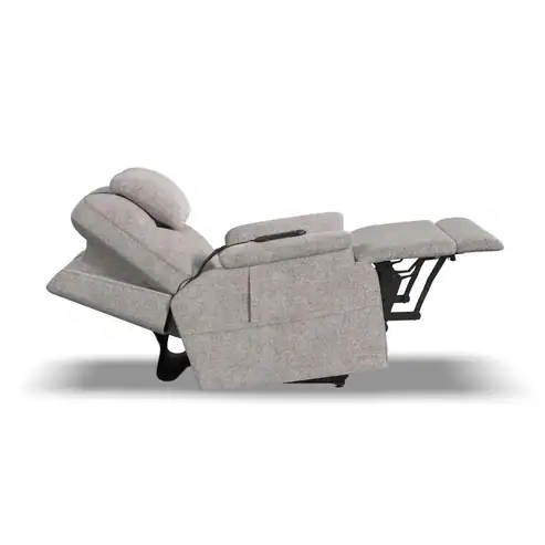 A Zecliner Model 2 Petite Power Lift Recliner in light gray is fully extended, with the backrest tilted back, footrest raised, and headrest angled forward. The chair is displayed against a white background.