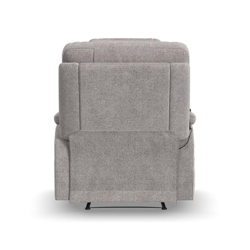 A light gray Zecliner Model 2 Petite Power Lift Recliner is shown from the back, displaying its cushioned backrest and armrests, with a supportive base at the bottom. The background is white.