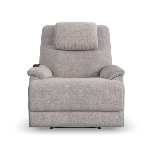A front view of the Zecliner Model 2 Petite Power Lift Recliner in light gray plush fabric, featuring padded armrests, an adjustable headrest, and a remote control on the right armrest. The textured upholstery adds extra comfort.