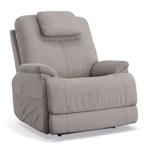 The Zecliner Model 1 Power Sleep Chair is a large, plush seat in light gray with padded armrests, headrest pillow, and side pocket, displayed against a white background.
