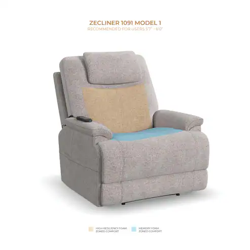 The Zecliner Model 1 Power Sleep Chair features tan and light blue zones showing high-resiliency and medium-foam comfort areas. It is recommended for users between 5'7" and 6'0".