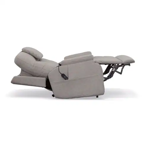 A light gray Zecliner Model 1 Power Sleep Chair, fully reclined with footrest out and backrest tilted, features a corded remote control attached to the side.