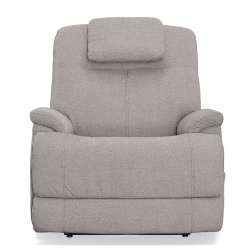 A front-facing view of the Zecliner Model 1 Power Sleep Chair in light gray, featuring cushioned padding, a supportive headrest, and wide armrests, set against a plain white background.