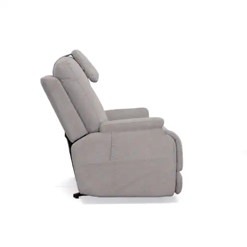 A side view of the Zecliner Model 1 Power Sleep Chair in light gray, featuring a cushioned seat, armrests, and an adjustable headrest, shown against a plain white background.