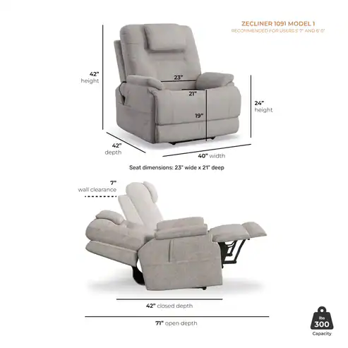 The Zecliner Model 1 Power Sleep Chair, shown in gray upright and fully reclined, features labeled dimensions: 42"H, 40"W, 42" closed depth, 77" open depth, 24" arm height, 23" seat width, 21" seat depth, 7" wall clearance, 300 lb capacity.