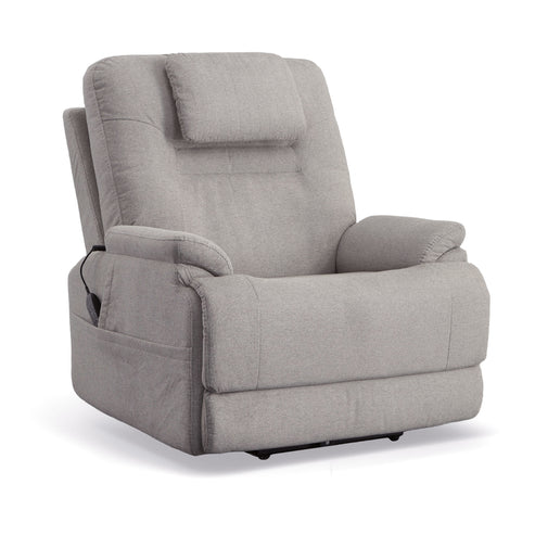 The Model 2 Plus Power Lift Recliner offers modern comfort with a light gray cushion, built-in headrest, wide armrests, side pocket, and remote control for easy reclining and lift assistance.