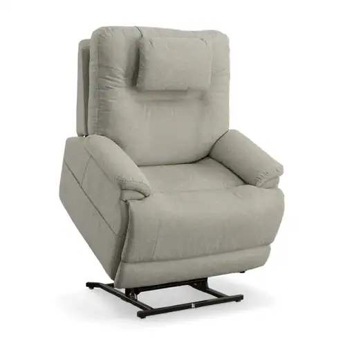 The Zecliner Model 2 Petite Power Lift Recliner (Copy) is a light gray petite recliner with cushioned armrests, backrest, and attached headrest, shown partially raised on a sturdy black metal base.