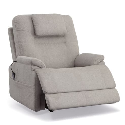 The Model 2 Plus Power Lift Recliner is a light gray fabric chair with padded armrests, cushioned headrest, extended footrest, and side pocket, shown partially reclined.