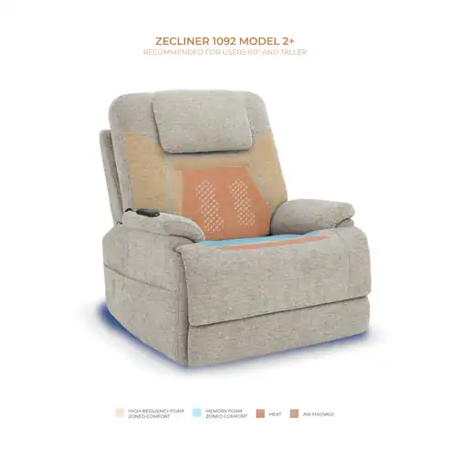 A beige Model 2 Plus Power Lift Recliner features high-resiliency foam, memory foam, heat, and air massage. Highlighted zones show comfort features. Text: “Recommended for users 6'0" and taller.”.