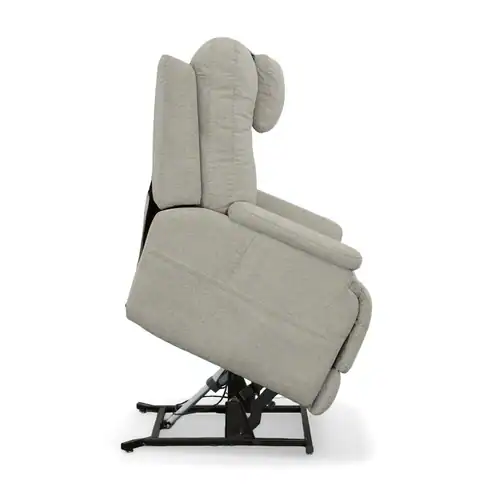 The Model 2 Plus Power Lift Recliner features light gray upholstery, a sturdy metal lift base, and is shown in a partially lifted position—combining style and comfort in its side profile.