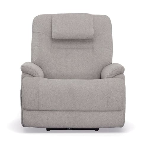 Front view of the Model 2 Plus Power Lift Recliner in light gray, showcasing cushioned armrests, a high backrest, and a headrest, all wrapped in soft fabric upholstery.