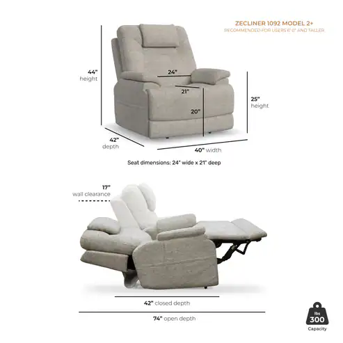 The Model 2 Plus Power Lift Recliner is displayed upright and reclined, with dimensions: 44"H x 42"D x 40"W, 25" seat height, 21" seat depth, 24" seat width, 74" open depth, 17" wall clearance, and 300 lb capacity.