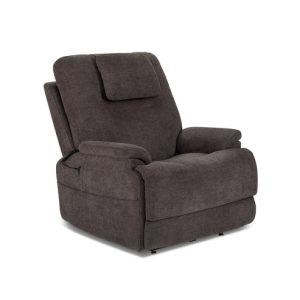 A plush, dark brown fabric recliner from the Model 2 Plus Shell Exclusive (Copy) collection features padded armrests, a cushioned back, and an adjustable headrest, displayed against a plain white background.