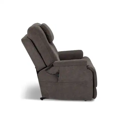 Side view of the Model 2 Plus Shell Exclusive (Copy) brown upholstered recliner chair with padded armrests, a tall cushioned back, and a remote control pocket on the side, shown against a white background.